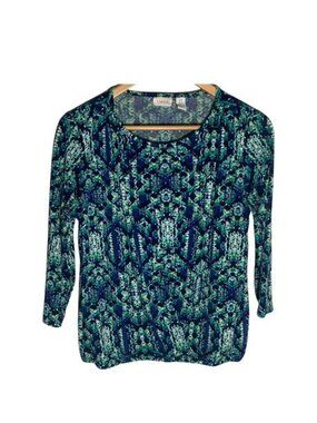 Chicos Blue Green Print Blouse Small Long Sleeve Stretch Work Top
